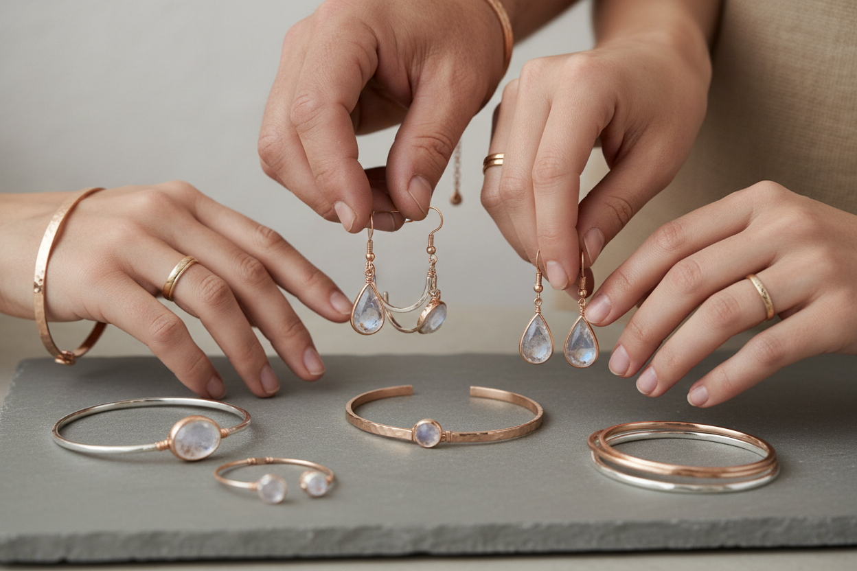 magen Sección Media: Composición refinada mostrando pulseras y pendientes sobre superficie stone neutral, manos multigénero, fondo minimalista, acentos en #C99383, luz suave, profundidad de campo, estética moderna y lujosa. hombre